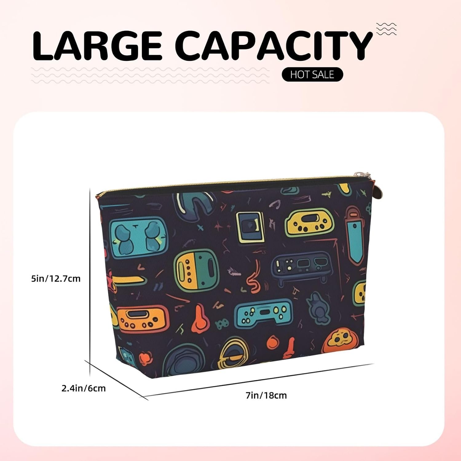 Leather Makeup Bag for Women Travel Toiletry Bag Game Video Gaming Pattern Cosmetic Bag Large Makeup Pouch with Zipper, Gold, One Size image 5