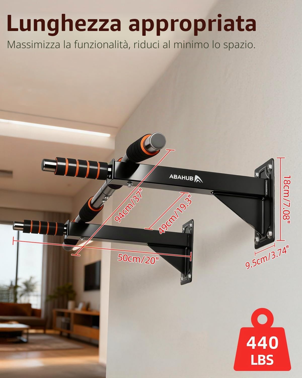 Abahub Barra per Trazioni a Muro 200kg, con Impugnature Multiple e Montaggio a Parete con Viti - Sbarra Pull Up Sicura e Stabile per Allenamento Intenso a Casa – Nero/Arancione
