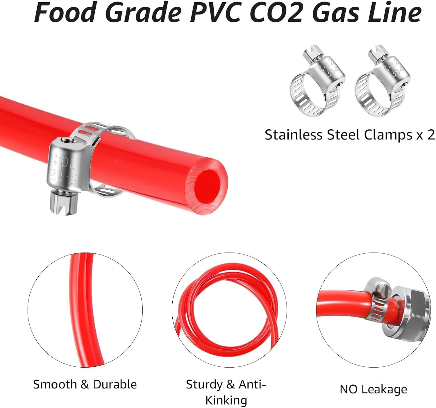 5FT Kegerator CO2 Gas Lines, Keg Lines Food-Grade PVC CO2 Tube Fit 5/16" Barb Fitting with 2PCS Stainless Steel Clamps for Brewing D Keg Coupler, Beer Keg Tap Tower