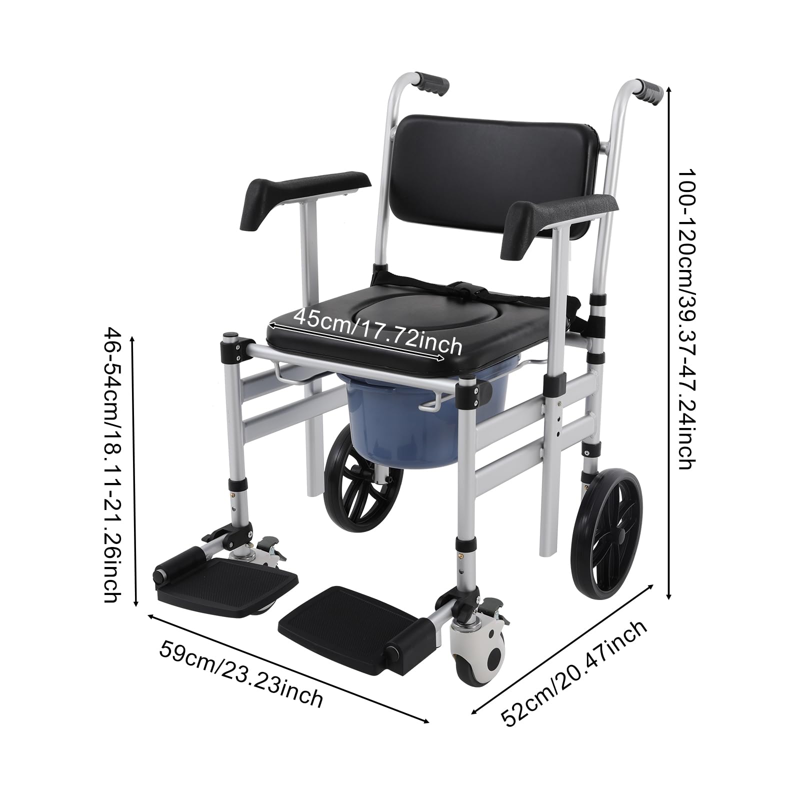 Sedia WC indipendente in alluminio con ruote, portata fino a 150 kg, altezza regolabile 46-51 cm, sedia a rotelle per il bagno, sedia a rotelle per anziani e disabili