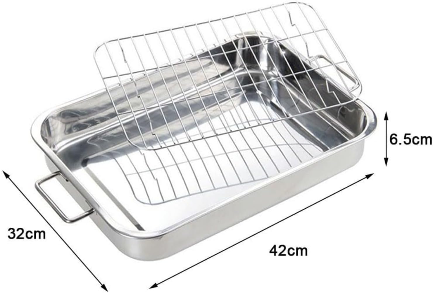 Bräter und Rost Set, Bräter mit Rost, Edelstahl Rechteckig Grillschale Bräters mit Griffen für Truthähne Fleisch Gemüse (42 x 32 x 5 cm)