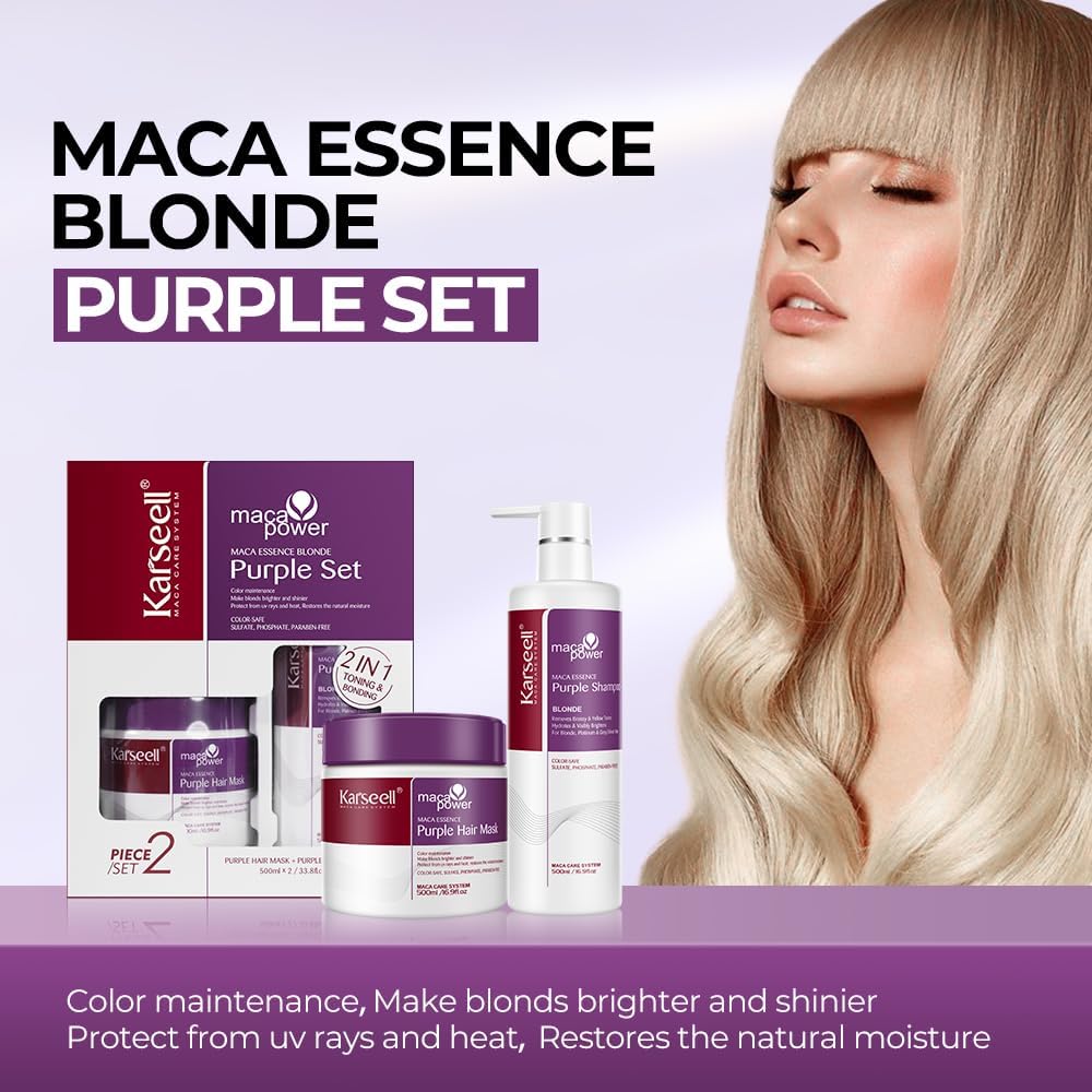 Karseell Masque Cheveux Violet et Shampooing Violet, Neutralise Les Reflets Jaunes, Répare Les Cheveux Abîmés, pour Cheveux Blonds, Platine, Blancs Ou Gris, 2 x 500ml