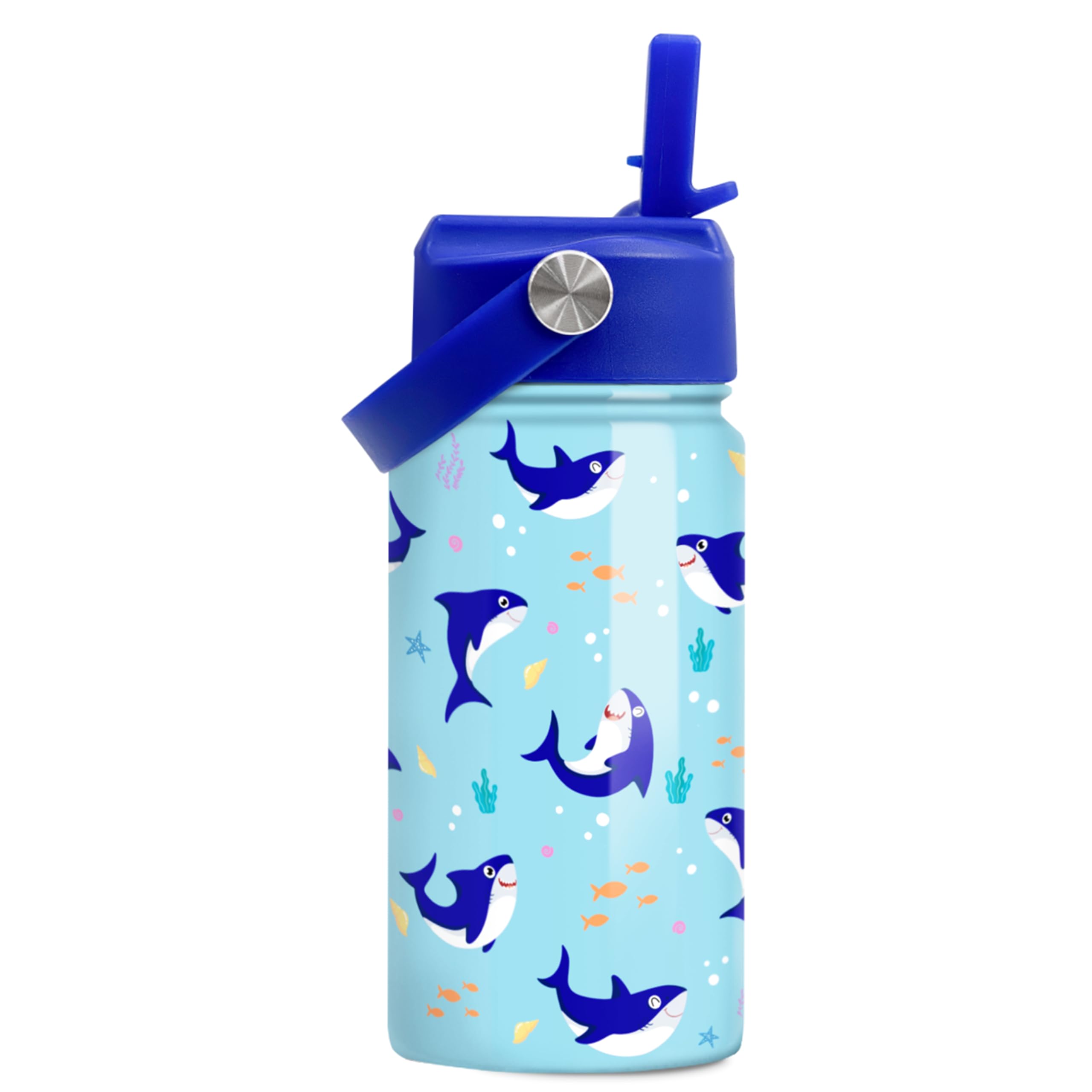 SANDJEST Shark Water Bottle - Kids Water Bottle with Straw Lid - 12 Oz Insulated Stainless Steel Water Bottles for Kid Boy - Travel Cup for School
