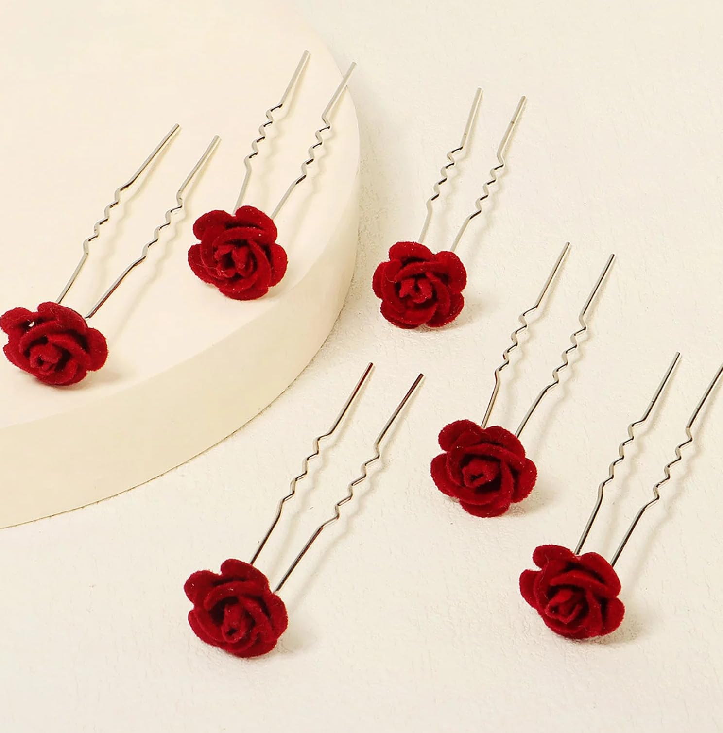MANODHRUVA 6pcs Rose Hair Pins Set, Flower Design, Red, for Weddings and Parties