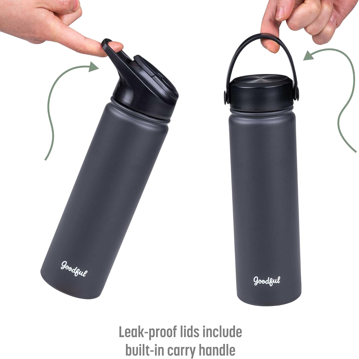Goodful 24 Oz. Double Wall Vacuum Sealed, Insulated Water Bottle with Two Interchangeable Lids, Sipping or Chugging Lids, Leak-Proof, Wide Mouth for Drinking and Cleaning, Charcoal Gray: Home & Kitchen