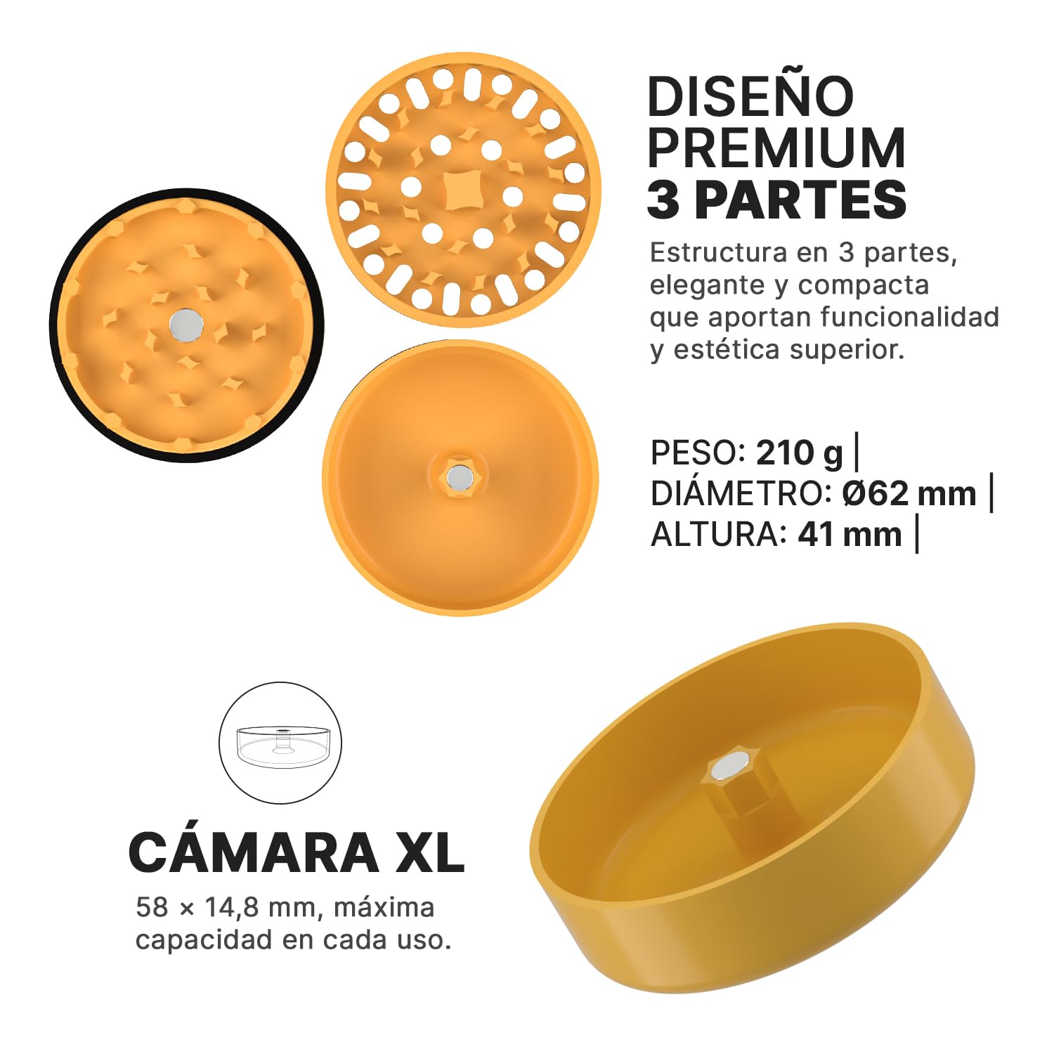 Grinder Premium CERAMIC NANO PRO 2.0 | Recubrimiento Nano Cerámico Antiadherente | Sistema Quick-Connect sin rosca triple imán N52 |62mm Ø Cámara Profunda | Molinillo para Especias (Amarillo)