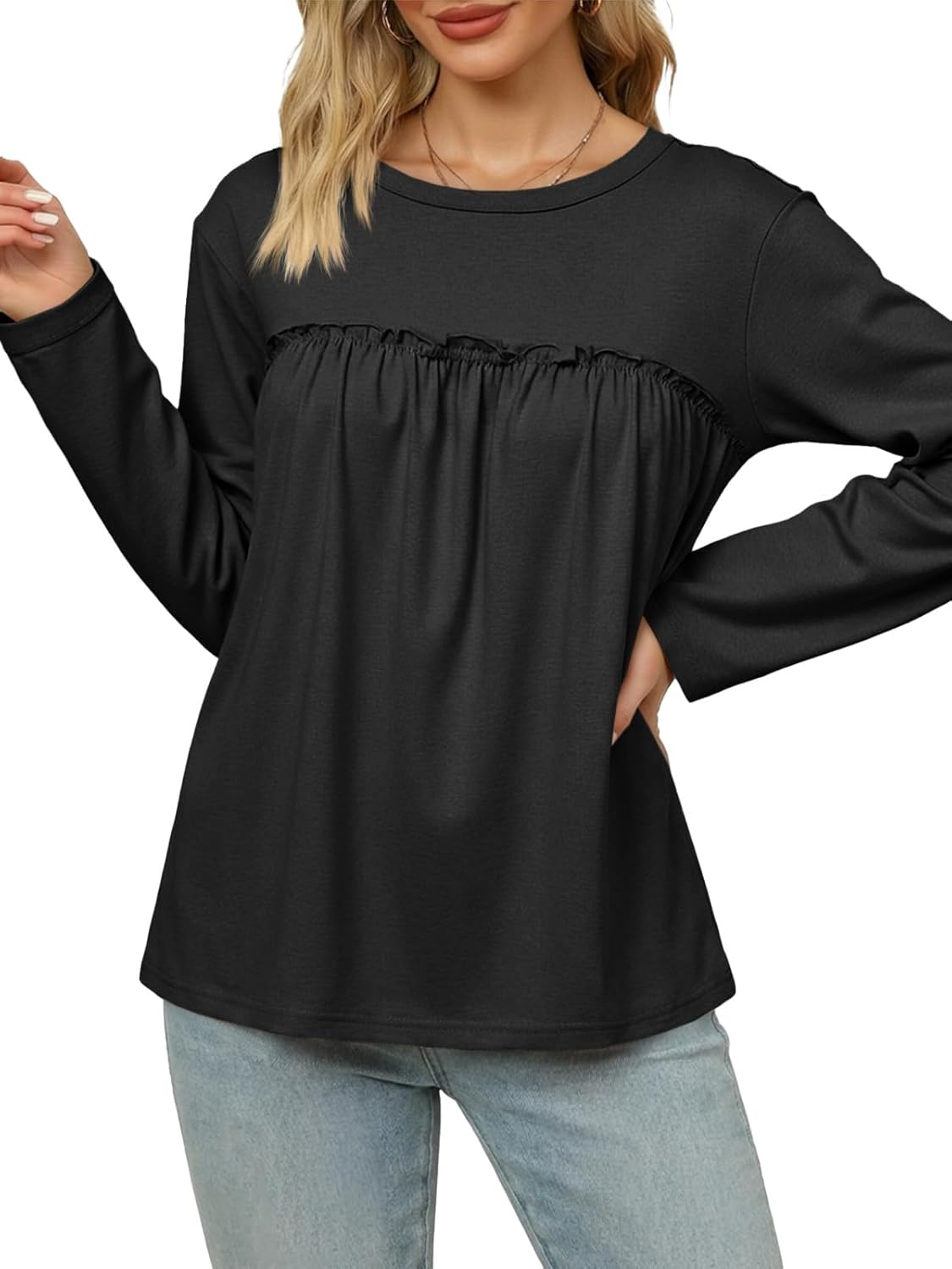 Cicy Bell Womens Babydoll Tunic Tops Pleated Long Sleeve Crew Neck Peplum Shirts Casual Loose Fit Flowy Blouse