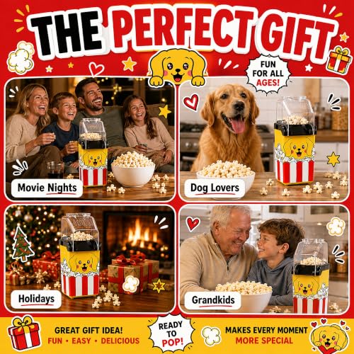 Image of Pupcorn Popcorn Machine - Cute Puppy Air Popper Popcorn Maker, Oil-Free | Pupcorn, a puppy hot air popcorn popper for movie night. Oil-free, butter-melting tray. A fun small mini popcorn machine.