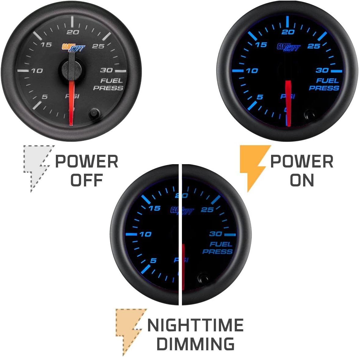 GlowShift Black 7 Color 30 PSI Fuel Pressure Gauge Kit - Includes Electronic Sensor - Black Dial - Clear Lens - for Diesel Trucks - 2-1/16" 52mm
