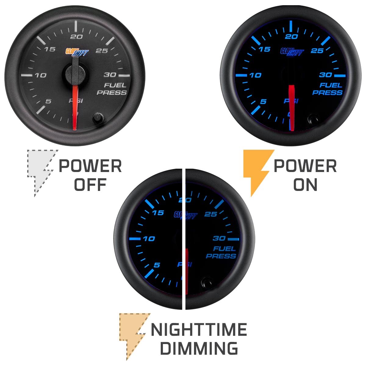 GlowShift Medidor de presión de combustible negro de 7 colores, 30 PSI. GlowShift