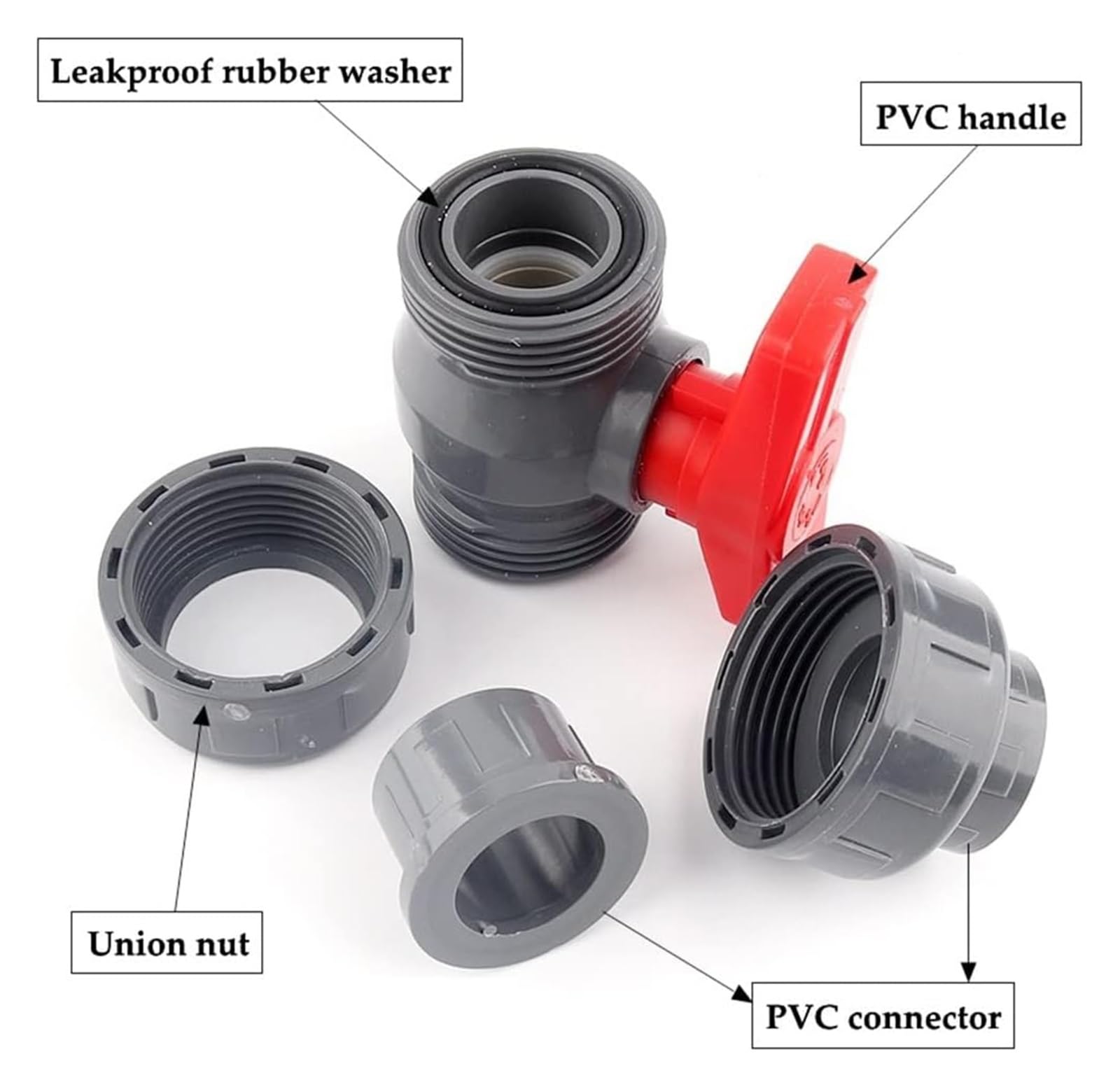 Válvula de bola de doble unión de PVC para acuarios y conectores de riego, compatible con tuberías de diámetro interior de 20 mm a 50 mm