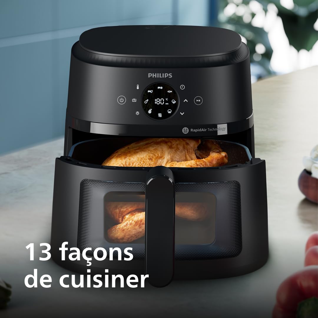 Philips Airfryer Série 2000 - Air Fryer 6.2L, 13 modes de cuisson, technologie RapidAir, jusqu'à 90% de matières grasses en moins, fenêtre de cuisson, écran tactile, Noir (NA230/00)