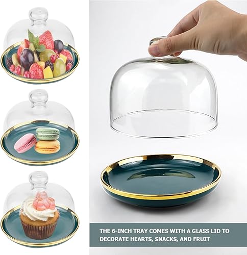 Miniatura 3 de DOERDO - Soporte para pasteles de 6 pulgadas con cúpula, plato de cerámica con cúpula de vidrio transparente, para macarrón, queso, postres, 6 x 4.7