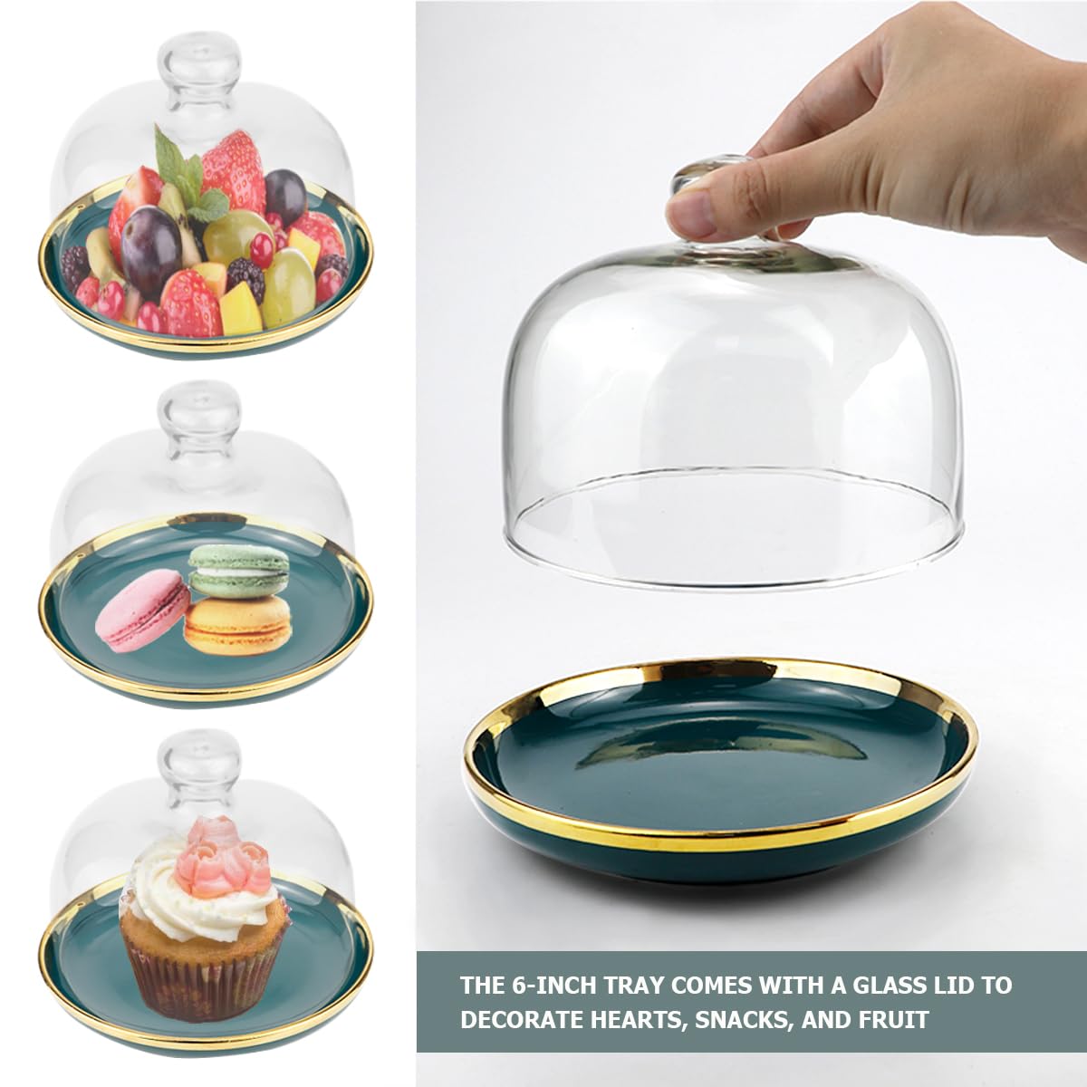 DOERDO Présentoir à gâteau avec dôme, plateau de service en céramique avec dôme en verre transparent, pour macaron, fromage, desserts, 15,2 x 12,9 cm, vert