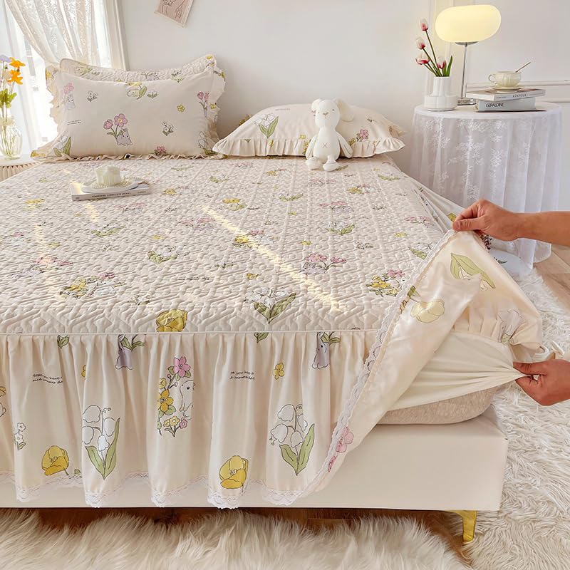 Amazon｜フリル付きベッドスカート、コットン厚手のキルティング