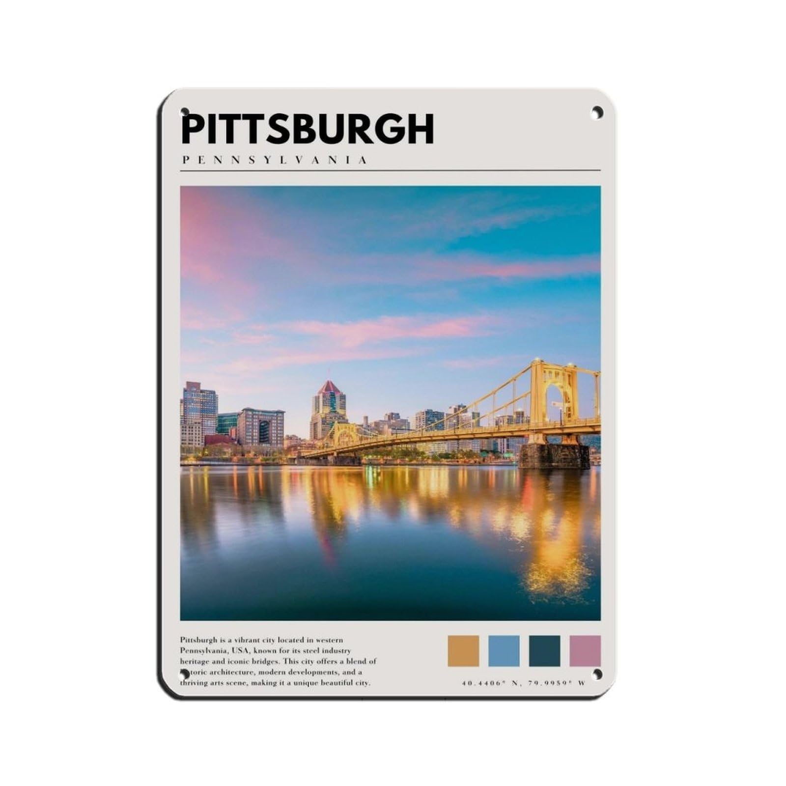 Pittsburgh Pennsylvania Poster Retro Poster Metal Tin Sign Chic Art Retro Iron Painting Bar People Cave Cafe Family Garage Poster Wall Decoration 12x16inch(30x40cm)