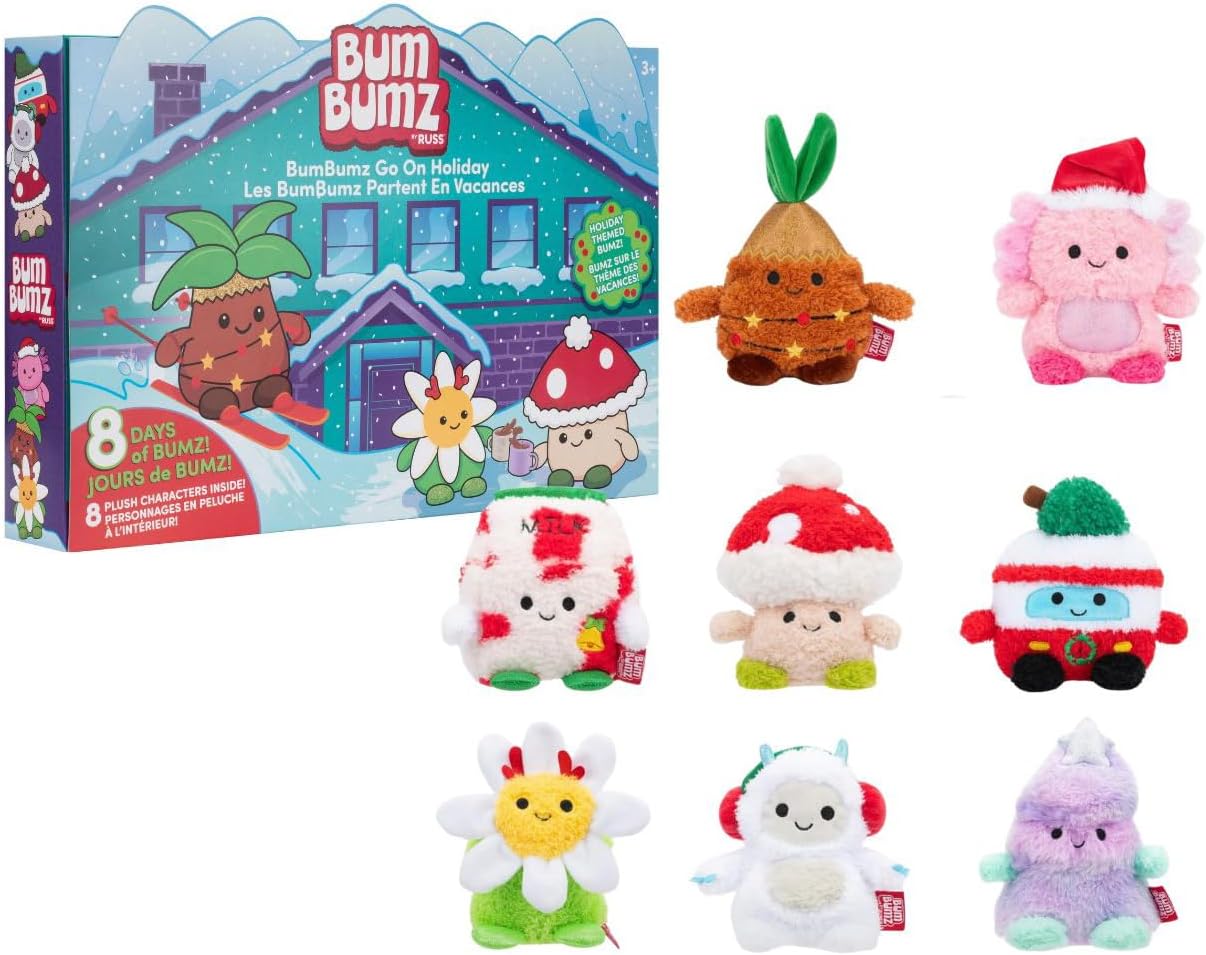 BumBumz 4.5-inch Holiday 8 Pack - Santa’s Milk Maxine, Festive Tree Tatiana, Daisy Flower Danielle, Van Vance, Yeti Yano, Palm Tree Pedro, Axolotl Aimee, and Mushroom Stan