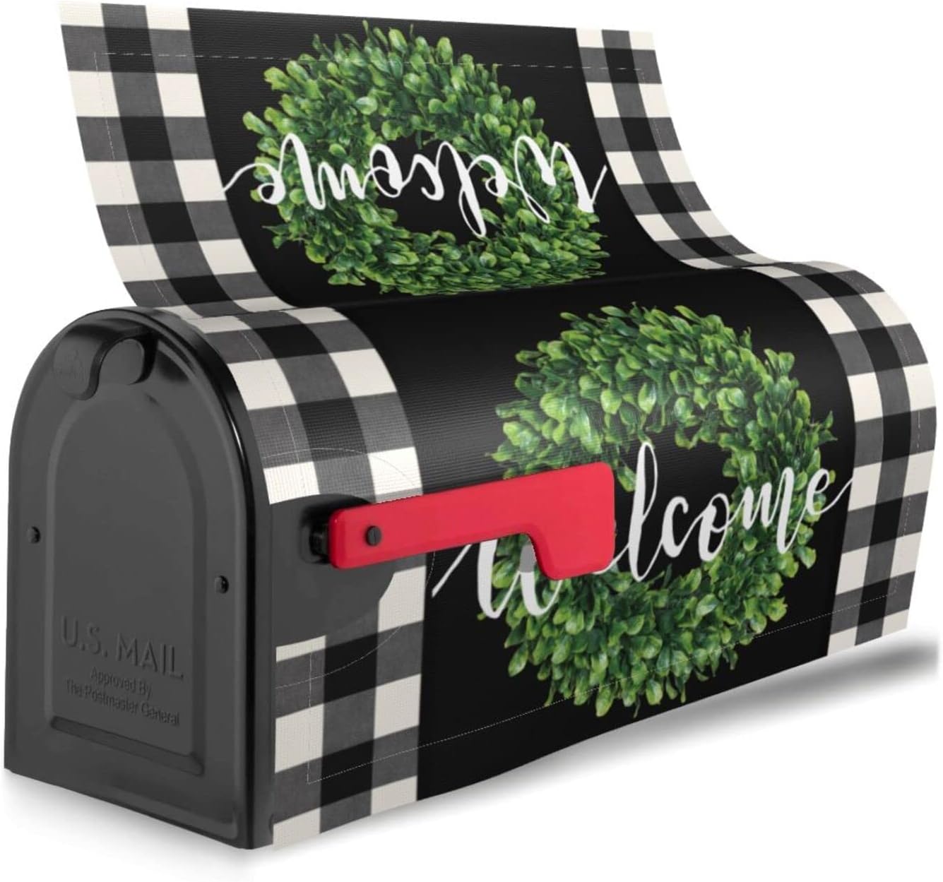 Farmhouse Wreath Welcome Mailbox Covers Magnetic Standard Size 21x18 Inch Sping Summer Black White Buffalo Check Plaid Mailbox Cover Winter Mail Wraps Post Box Cover for Garden Home Decor