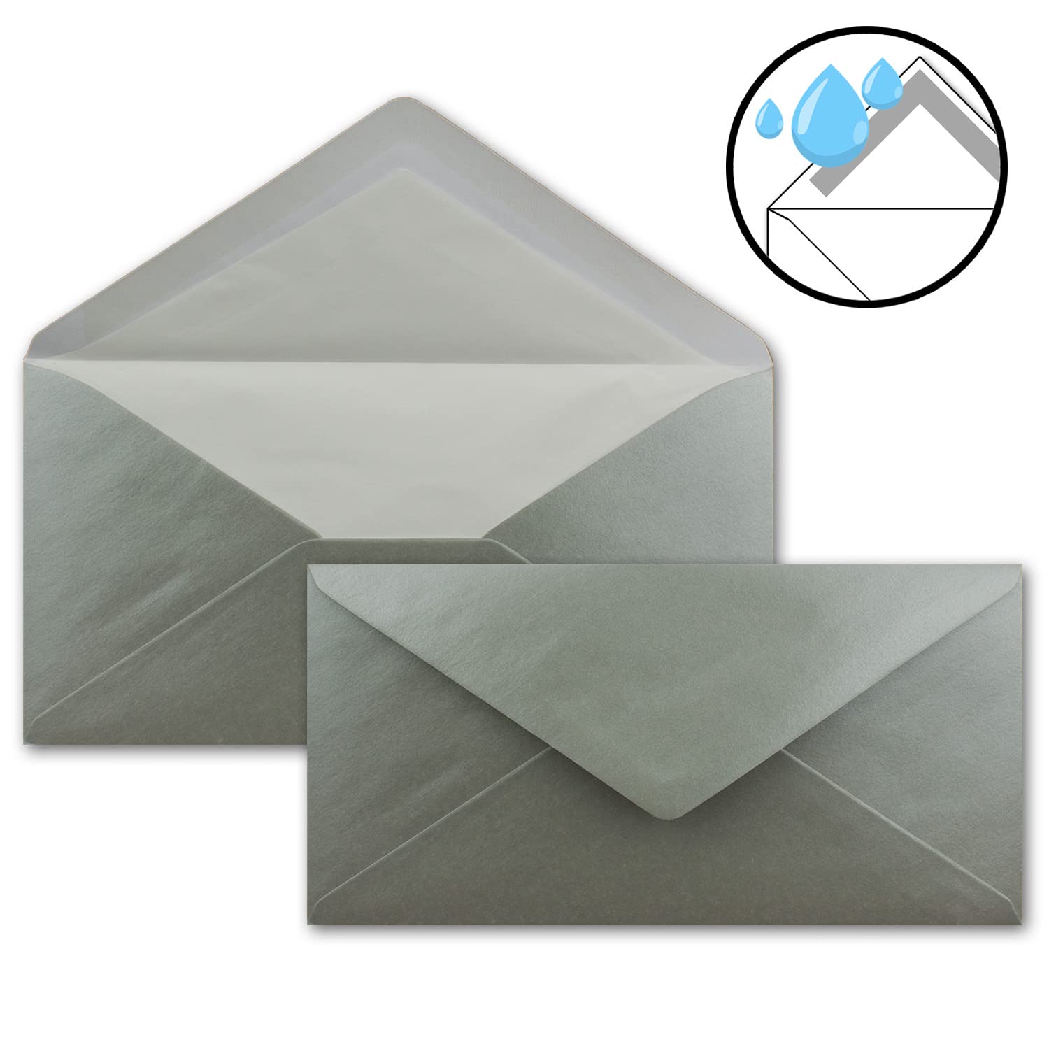 Set di 300 buste di carta da lettere formato DIN A4 e DL, foderate con fodera in seta bianca, incollaggio a umido, colore: argento