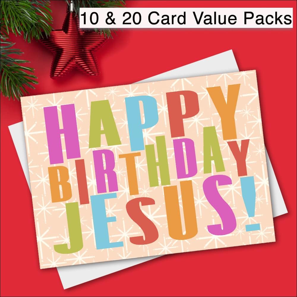 Wright Home & Gift Jesus Birthday Block Letters Funny Christmas Humor Greeting Cards | 20 Pack Bulk Set + 20 Envelopes (4x6)