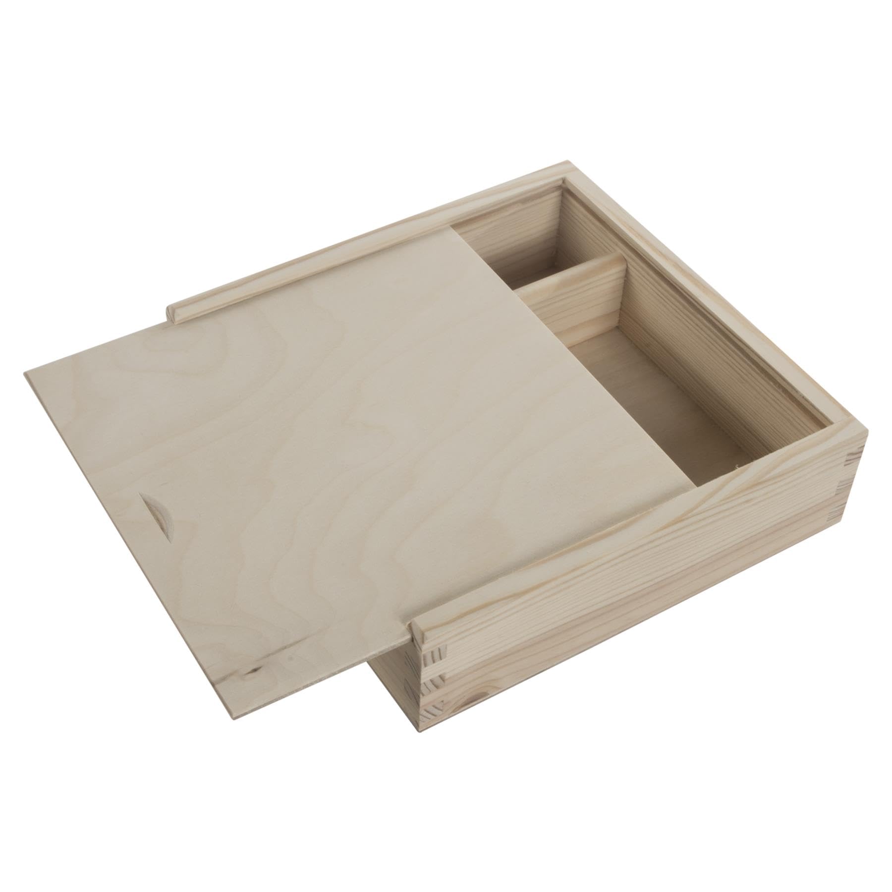 WooDeeDoo Small Wooden Storage Box with Sliding Lid and Compartments – 19.5 x 19.5 x 5 cm – Plain Unfinished Pine Box for 6x4 or 10 x 15 cm Prints USB Cards Crafts Keepsakes Desk Storage