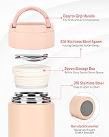 Vista 4 de Termo para alimentos calientes, recipiente de alimentos aislado de boca ancha de 17 onzas con cuchara y asa, lonchera caliente de acero inoxidable