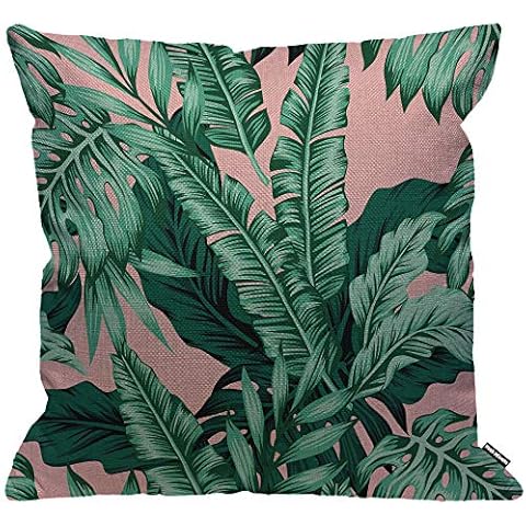 HGOD DESIGNS Banana Leaf Cushion Cover,Tropical Green Leaves Pink Throw Pillow Case Home Decorative for Men/Women Living Room Bedroom Sofa Chair 18X18 Inch Pillowcase 45X45cm Cover