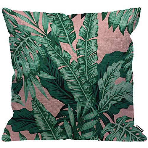 HGOD DESIGNS Housse de coussin motif feuilles de bananier tropicales vertes et roses - Décoration d'intérieur pour homme/femme - Pour salon, chambre à coucher, canapé, chaise - 45 x 45 cm