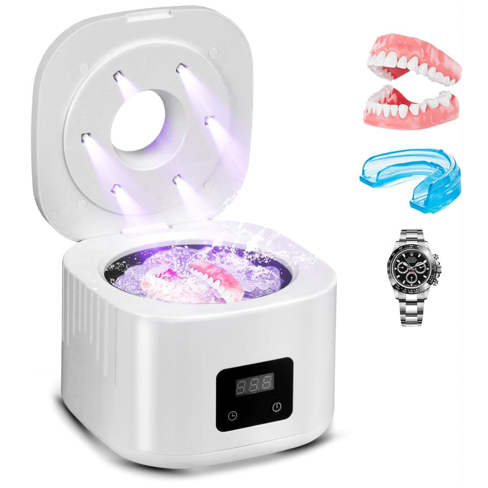 Limpiador ultrasónico 49000Hz con UV, 3 modos, pantalla digital, tanque inox 340ML, portátil para joyas, gafas, relojes, dentaduras, pinceles maquillaje