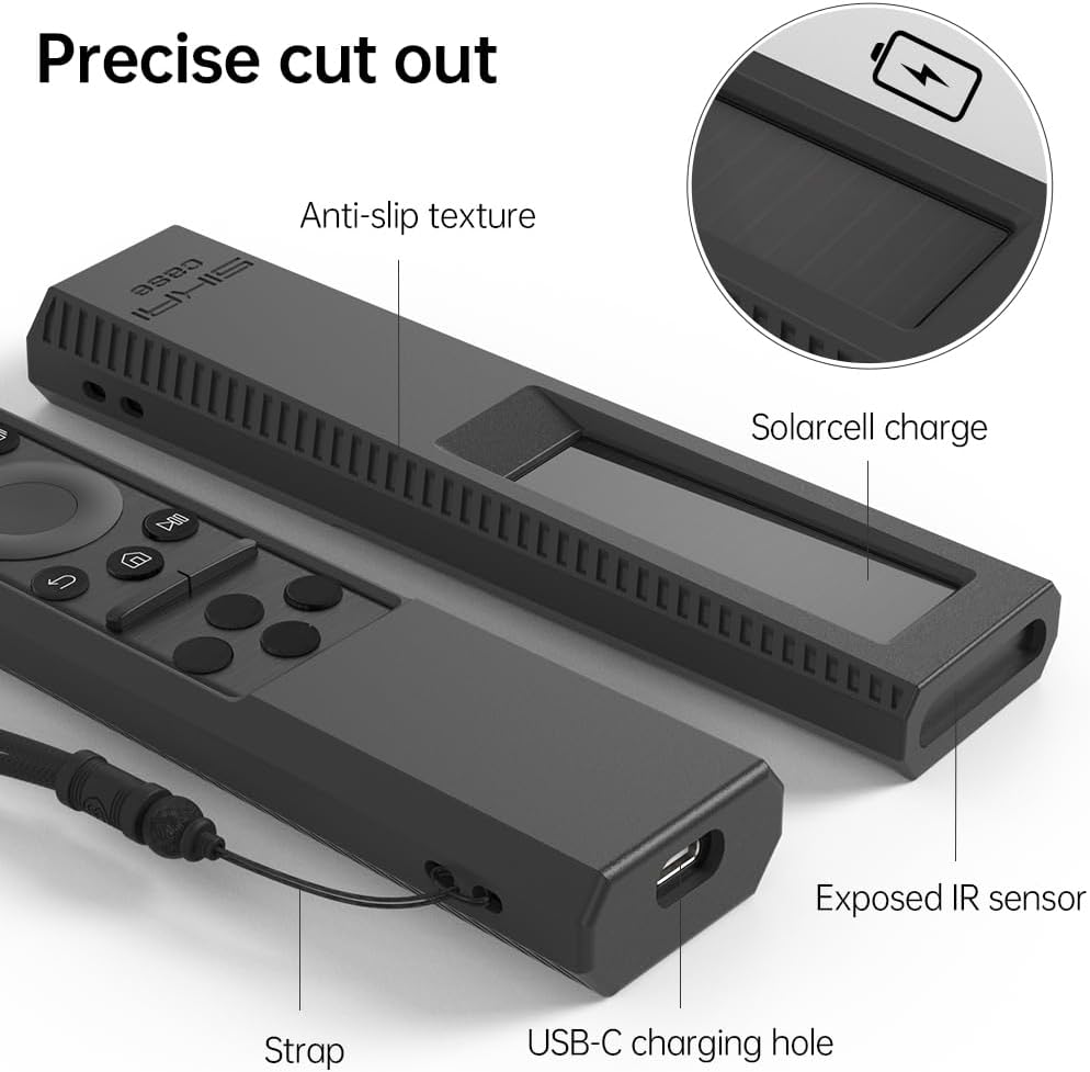 Close-up of SIKAI CASE remote cover showing precise cutouts for solar panel, USB-C port, and IR sensor