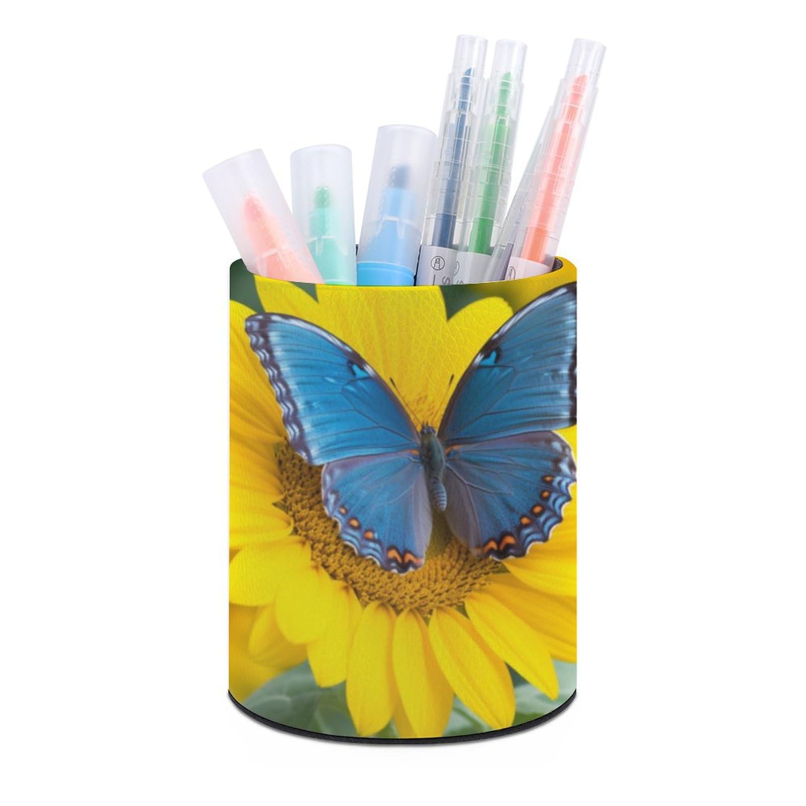 JTREHY Round Pen Holder,Sunflower Blue Butterfly Printed Makeup Brush Storage Box Desktop Stationery Storage Cup Office Accessories Storage Box Pencil Storage Box for Home Office Dressing Table
