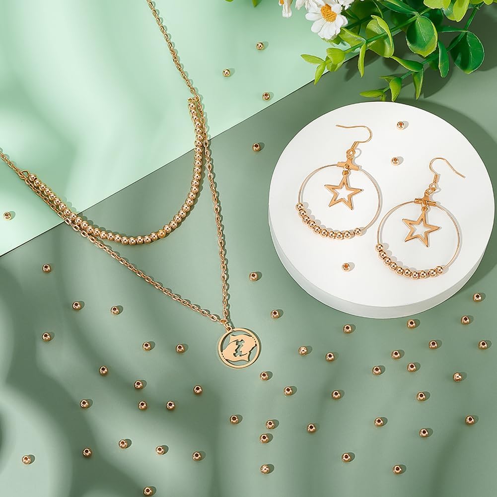 PH PandaHall 400pcs 14K Gold Plated Beads 4mm Brass Spacer Beads Metal Bracelet Beads Gold Beads Round Ball Beads Small Loose Spacer Beads Stackable Beads for Bracelets Necklace Beading Crafts Making - Image 4