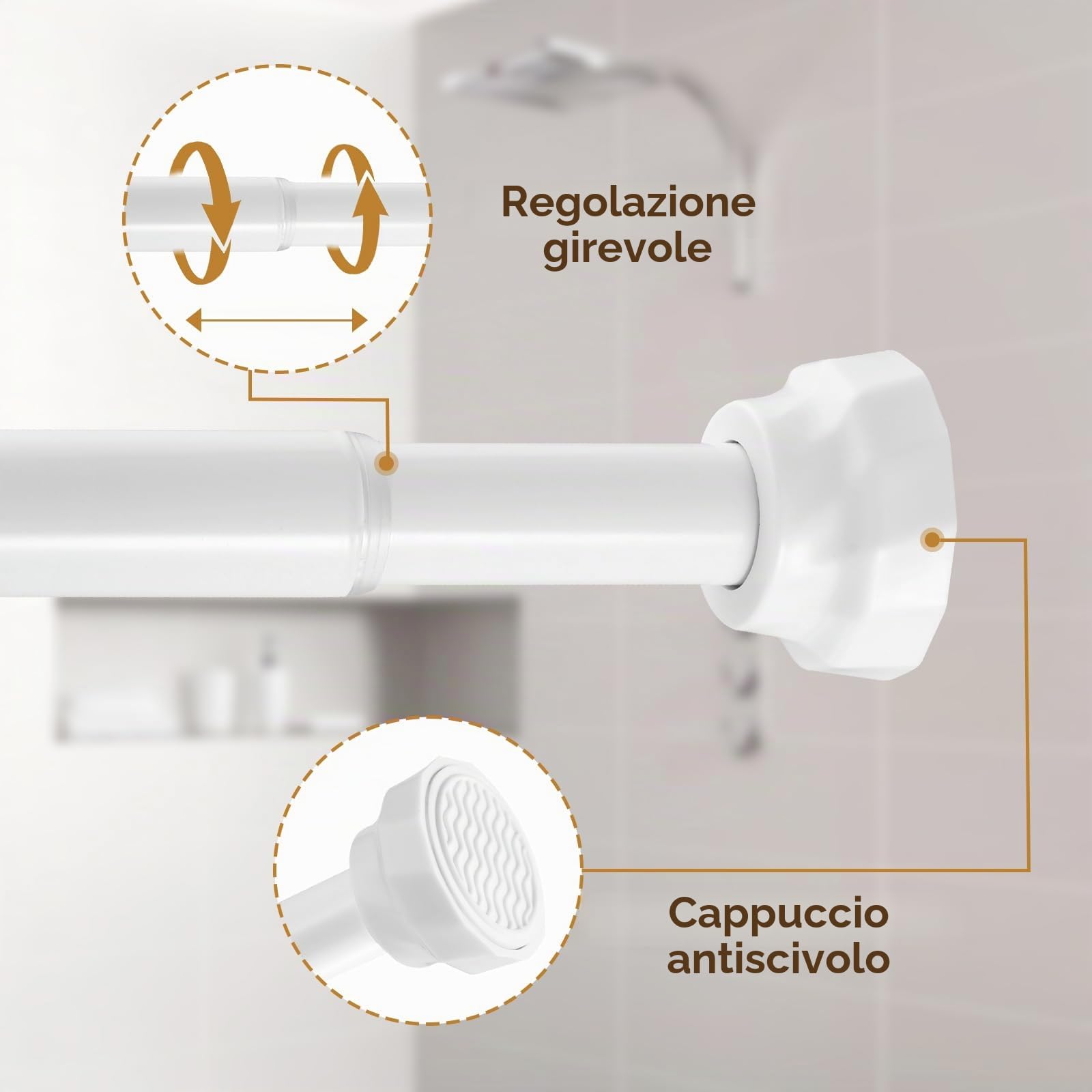Bastone per Tenda Estensibile Bianco 76-256cm, Ø25mm Asta Telescopica Senza Foratura, Asta per Tenda Doccia per Bagno, Armadio e Balcone