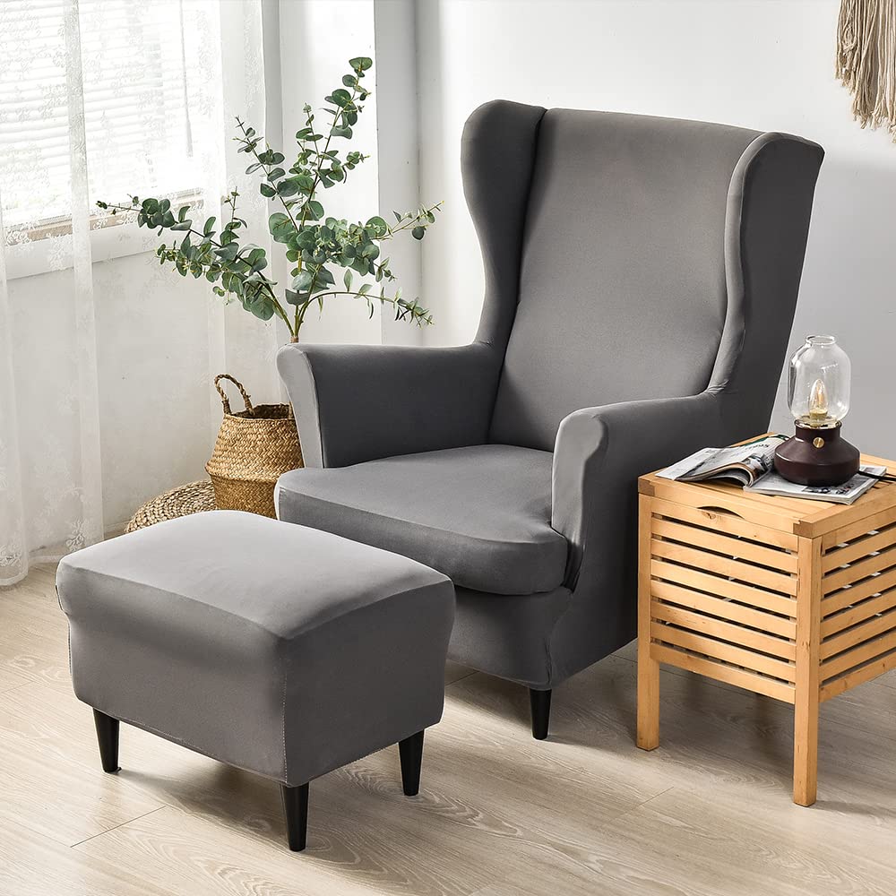 Copripoltrona con Orecchie 1 Posto Elasticizzato 2 Pezzi Coprisedile con Orecchie Fodera per Pouf Fodere per poltrone Elastiche Grigio Scuro