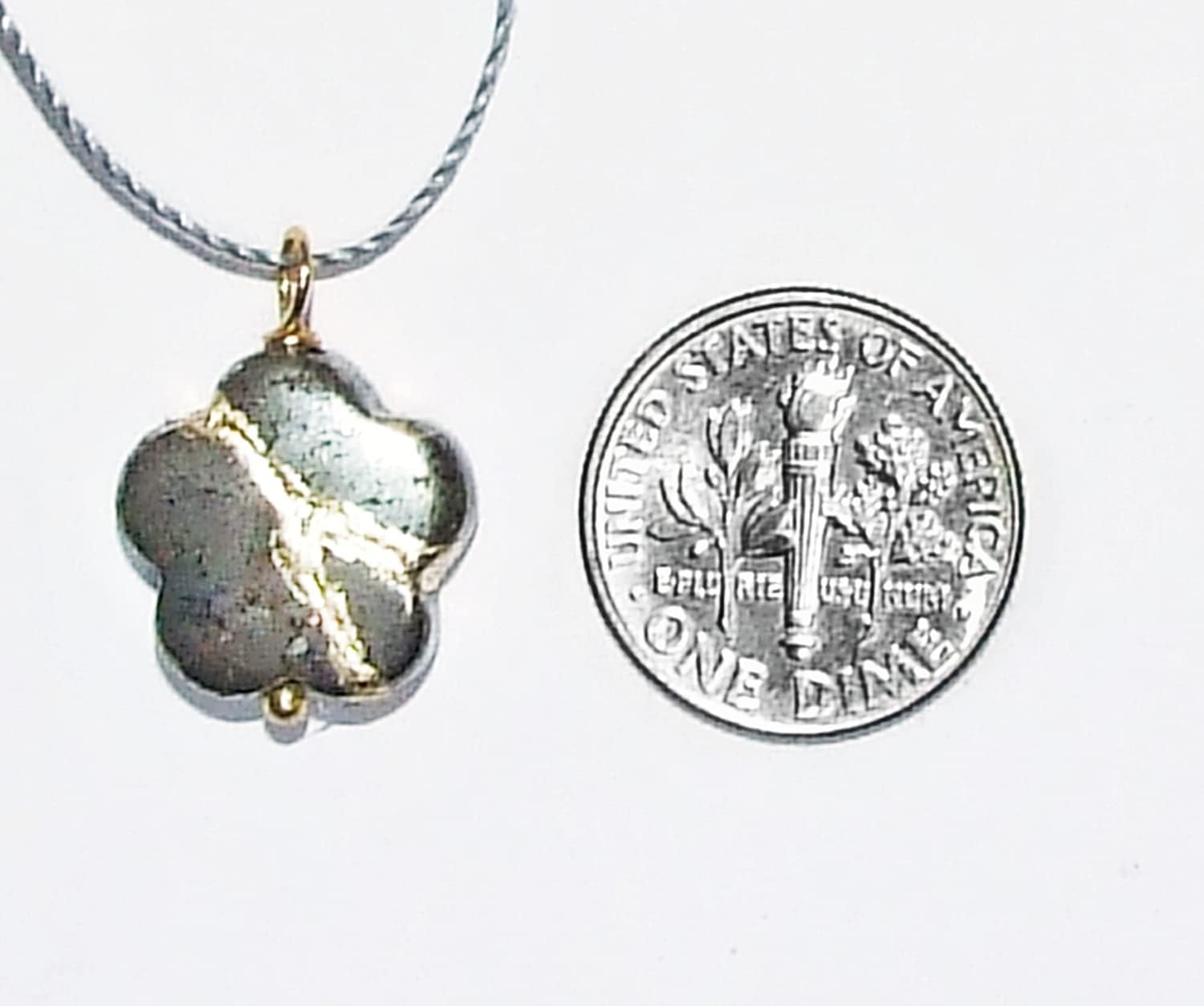 Kintsugi 14mm Pyrite Broken Sakura Blossom Mended with 23k Gold, Cord Necklace