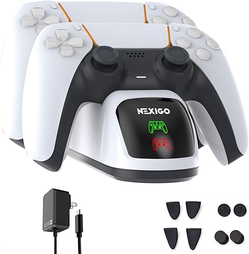 NexiGo Estación de carga PS5 DualSense, adaptador de CA de carga rápida con empuñaduras de pulgar y extensores de gatillo, cargador de controlador