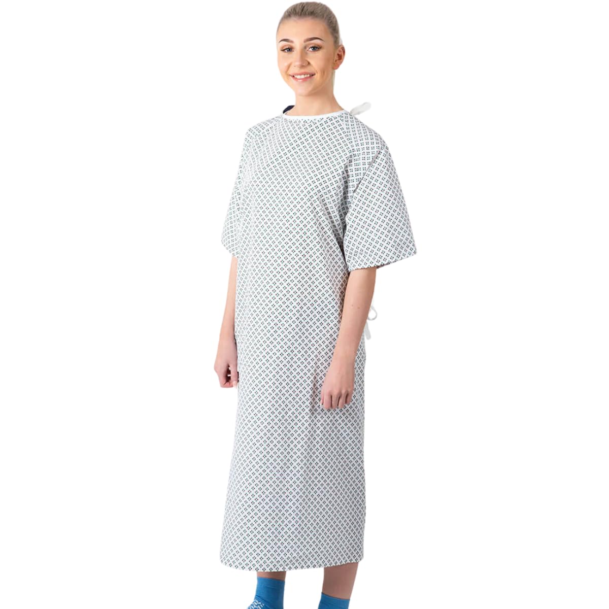 Lapover Hospital Gown with Colour Coded Ties, Blue Diamond Print, One Size, As Used in Hospitals