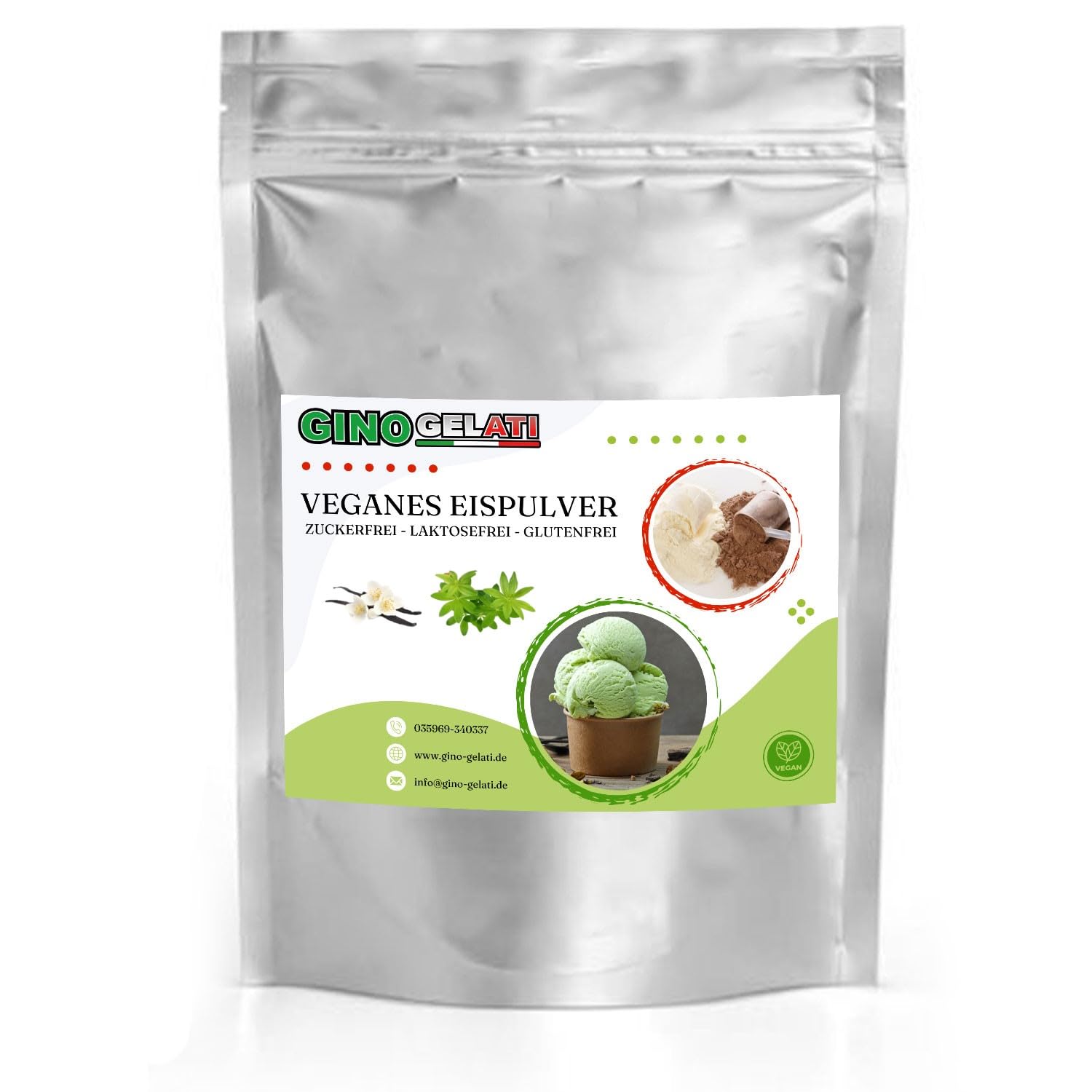 Gino Gelati Vanille Waldmeister Veganes Eis Pulver 1 Kg Zucker-, laktosefrei, schnelle und einfache Zubereitung, Made in Germany, Eiscreme selbstgemacht, ohne Zucker