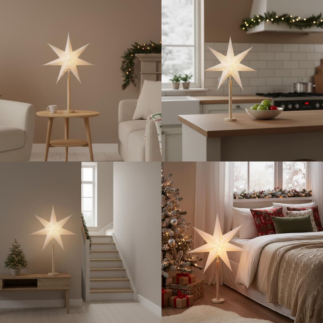 Stehlampe Weihnachtsstern Elice von Star Trading, 3D Papierstern Weihnachten mit Holz-Fuß in Natur, Dekostern Stehleuchte mit Kabelschalter, E14, Höhe: 85 cm