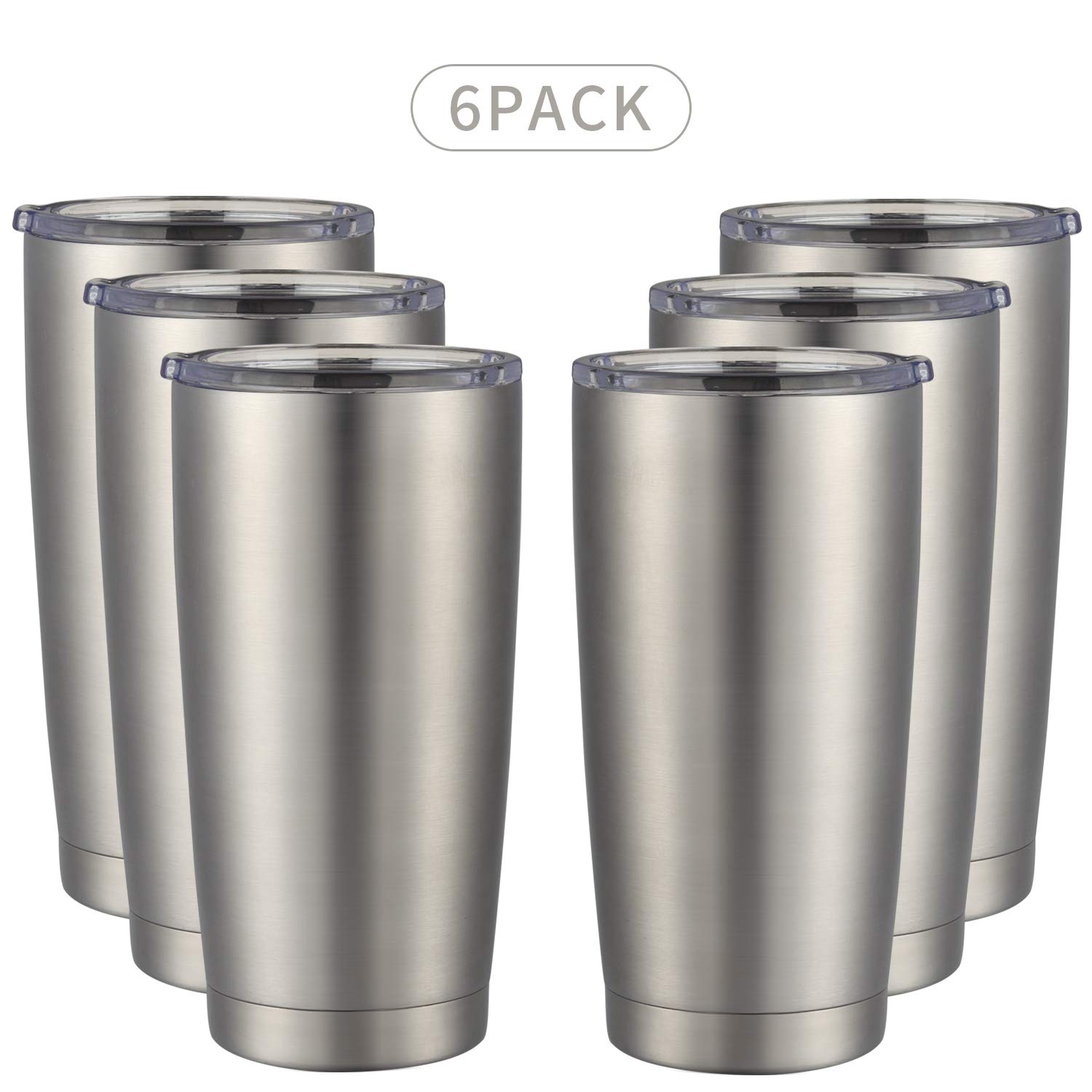 MUCHENGHY 20oz Insulated Tumbler Bulk Stainless Steel Cup 6 Pack, Double Wall Vacuum Travel Coffee Mug with Lid and Straw, Powder Coated Thermal Cup for Cold Drinks & Hot Beverage (Silver, 6)