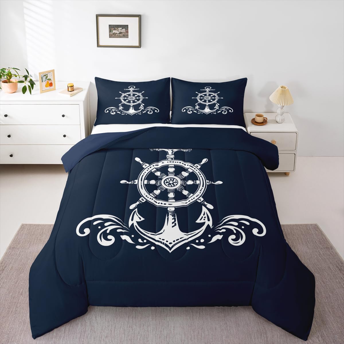 Erosebridal Nautical Anchor Bedding Set, Ocean Sailboat Navy Blue Down Comforter Full Size, Coastal Compass Comforter Set, Blue Ocean Theme Duvet