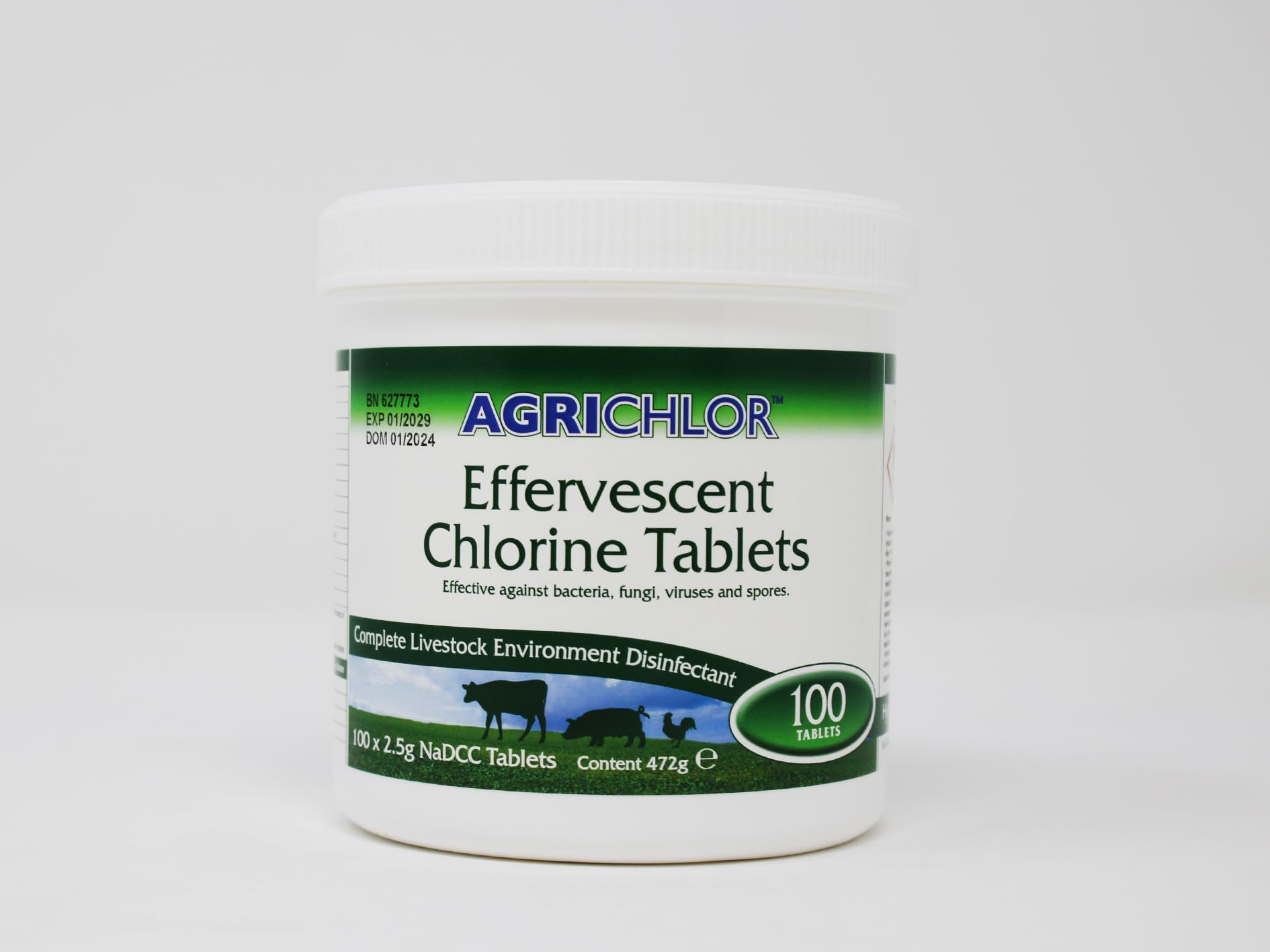 TEST ALL WATER - Agrichlor Effervescent Chlorine Tablets | Disinfects Farm & Animal Environments | NaDCC 2.5g | DEFRA Approved | 25mm Diameter, 4.72g Pack of 100