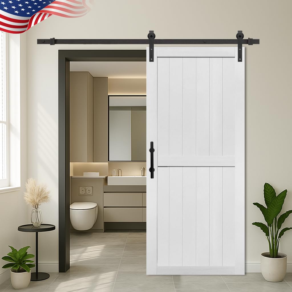 S&Z TOPHAND® 36in x 84in MDF Barn Door with 6.6FT Sliding Door Hardware Kit, Solid Barn Door Slab Covered with Water-Proof PVC Surface, Simple Assembly is Required