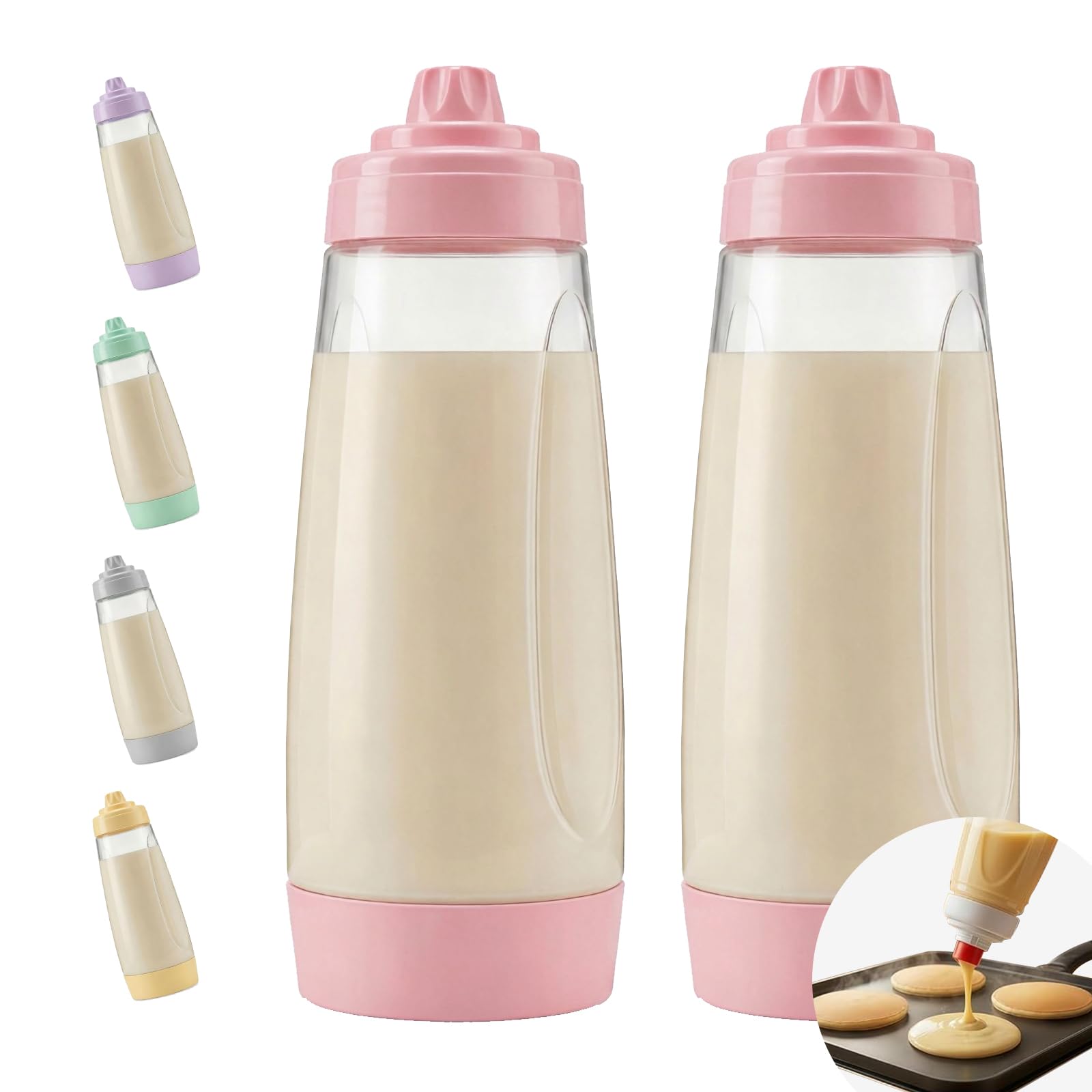 sykexonm 2PCS Pancake Batter Dispenser & Mixer Bottles, 1000ml Leak-Proof Silicone Squeeze Bottle, BPA Free & Dishwasher Safe for Pancakes, Waffles, Muffins, Crepes & Cupcakes (pink)