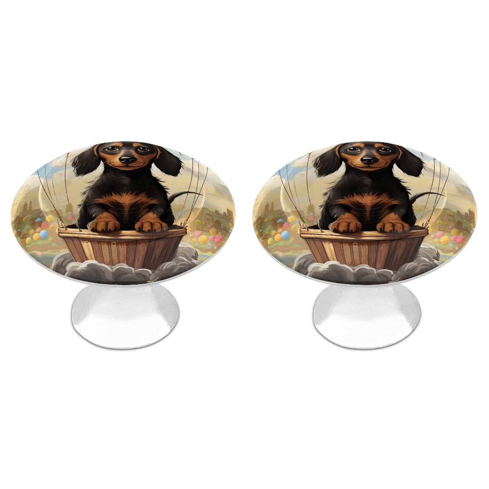 Fekiloot White Dachshund Hot Air Balloon Cabinet Knobs For Kitchen Ornament, Round Zinc Decorative Drawer Pulls For Cabinets Trendy, Dresser Drawers Pulls Bathroom Dresser Knob With Screw