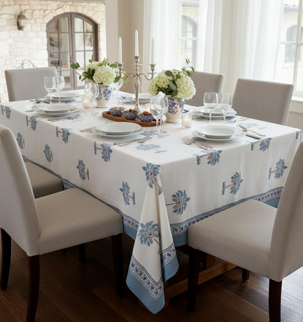 Nappe en coton bleu blockprint pour grande table de 8 à 10 personnes