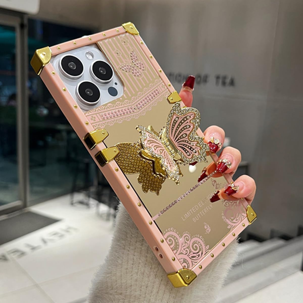 AuroiCYY for iPhone 15 Pro Max Butterfly Stand Case, Glitter Bling Foldable Kickstand Woman Girly Mirror Back Golden Plated Shockproof Protective Elegant Cute Soft Cover for iPhone 15 Pro Max (Pink) - Image 5