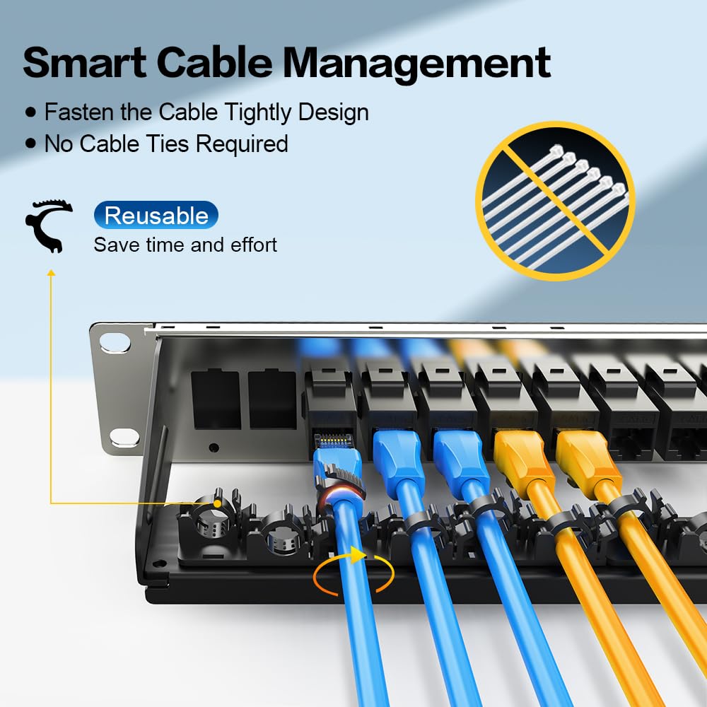 Panneau de brassage 16 ports Cat6 Keystone RJ45 Panneau de brassage réseau UTP 1U avec gestion intelligente des câbles (pas d'attache de câble nécessaire) pour montage en rack de 48,3 cm