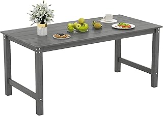 Tangkula HDPE Outdoor Dining Table for 6 Person, 67” Patio Table with Wood-Like Tabletop and Umbrella Hole, Weather-Resistant Rectangle Table for Garden, Backyard and Poolside (Grey, 67”)