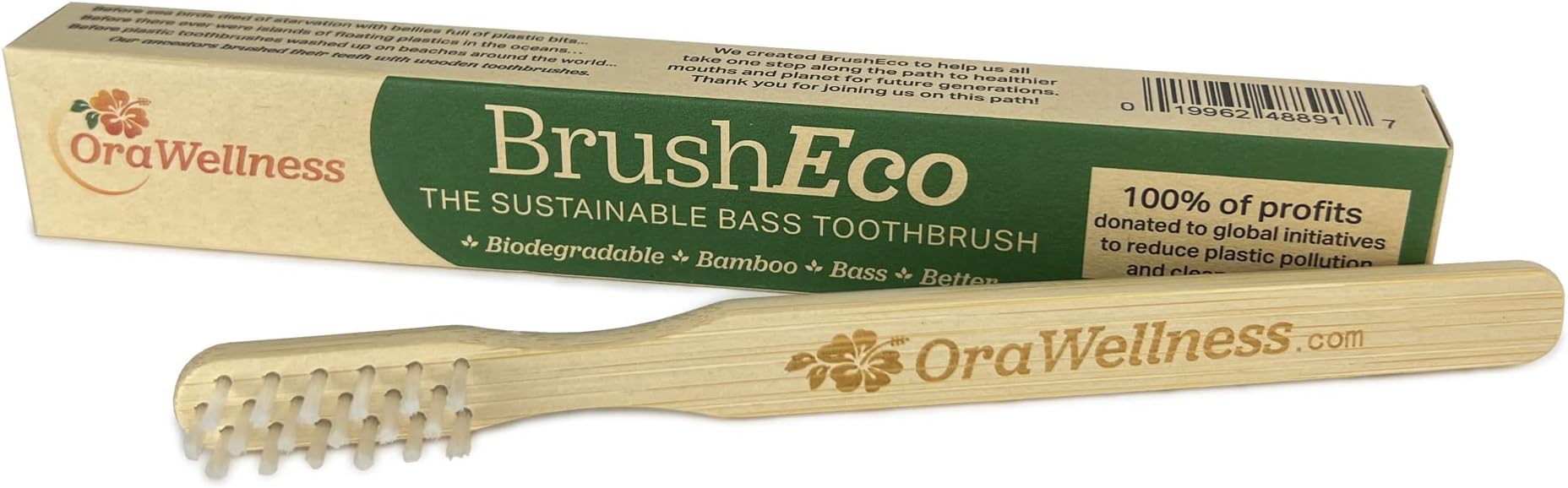 Bamboo Toothbrush, Sustainable BrushEco Bass Toothbrush with 3 Rows, Biodegradable Wooden Toothbrush for Healthy Mouth, Gums & Teeth, Reducing Gum Disease, BPA Free & Made in USA - 1 Pack